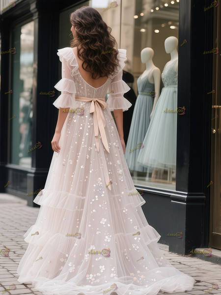 Shop 2025 ANNAKOO Ruffles V Neck Sequin Tulle A Line Wedding Dress With Belt Under  198