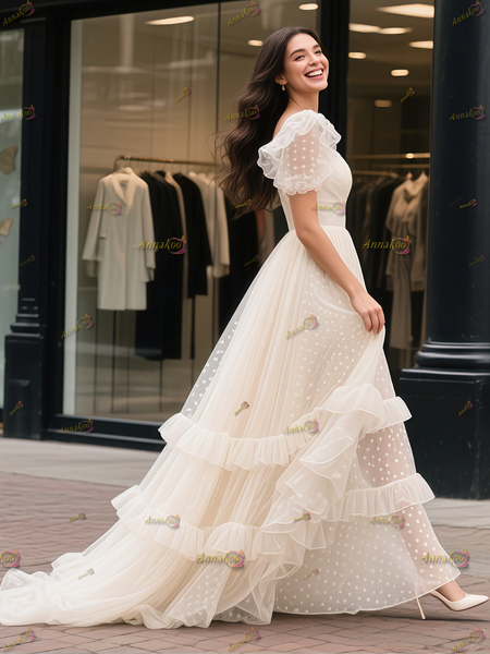 Shop 2025 ANNAKOO Ruffles Polka Dot A Line Short Sleeves Puffy Wedding Dress Under 189