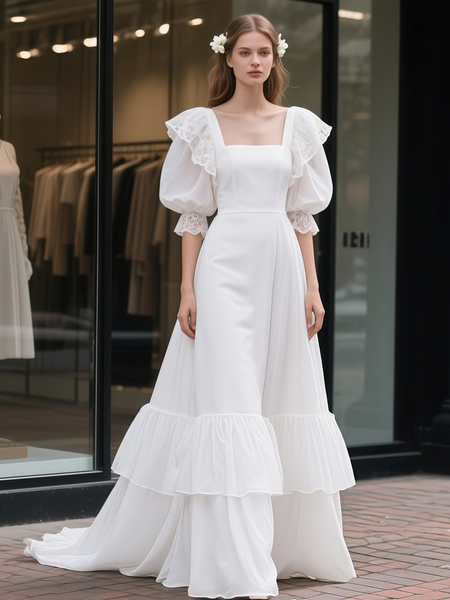 Shop 2025 ANNAKOO Vintage Lace Puffy Sleeve A Line Ruffles Wedding Dress Under 198