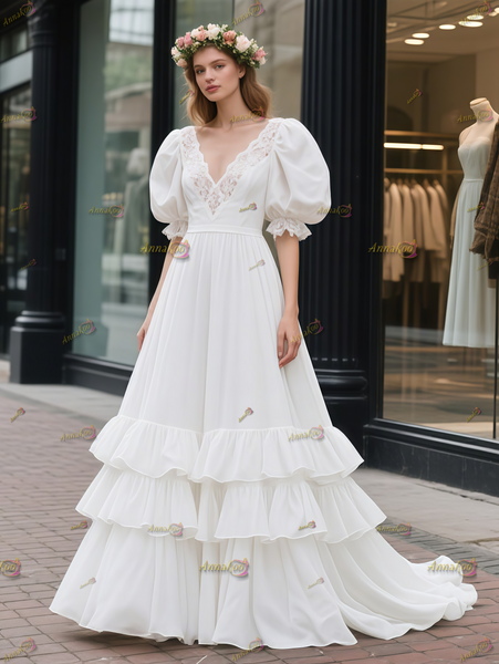 Sop 2025 ANNAKOO Classic Lace Puffy Sleeve V Neck Vintage Wedding Dress Under 199