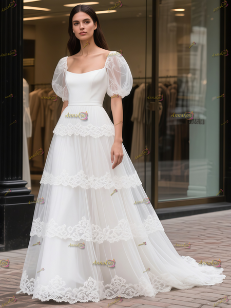 Shop 2025 ANANKOO Square Puffy Sleeve Tulle Ruffles Lace Wedding Dress Under 189