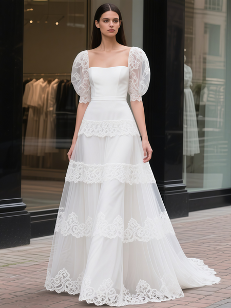 Shop 2025 ANNAKOO Lace Puffy Sleeve Princess A Line Layers Wedding Dress Under 198