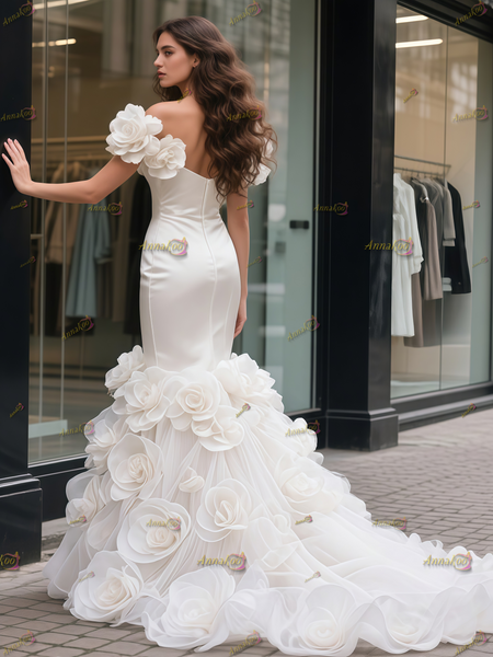 Shop 2025 ANNKOO Satin Off The Shoulder Trumpet Mermaid Flower Wedding Dress Under 499