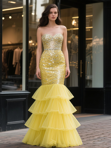 Shop 2025 ANNAKOO Yellow Sequin Beading Sequin Trumpet Mermaid Ruffles Prom Dress Under 398