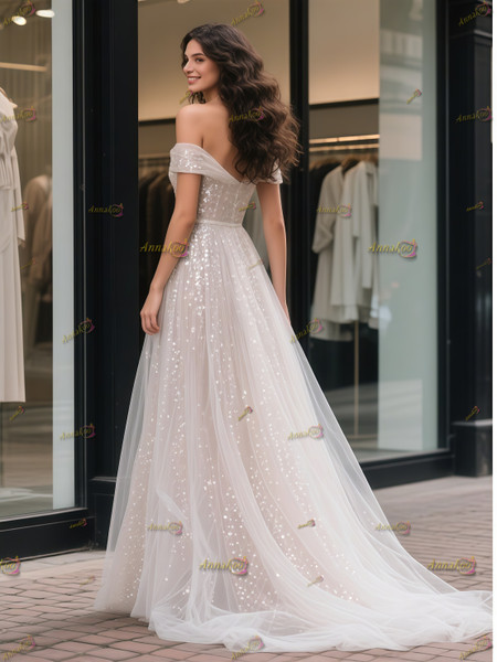 Shop 2025 ANNAKOO Off The Shoulder Sparkle Trumpet Mermaid Ruched Wedding Dress Under 239