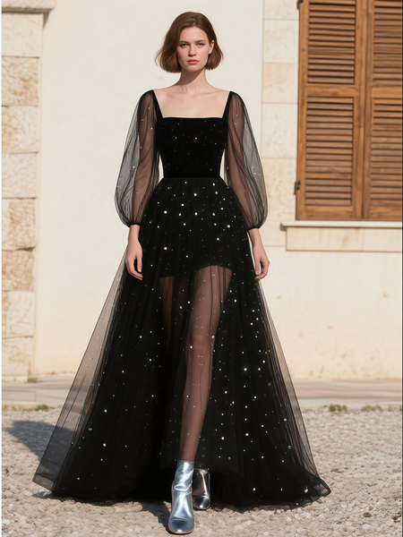 Shop 2025 ANNAKOO Black Square Long Sleeve Tulle A Line Prom Dress Under 169