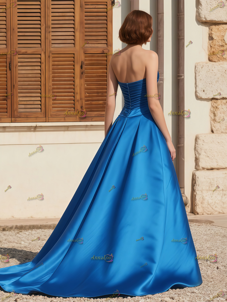 Shop 2025 ANNAKOO Royal Blue Satin Ruched A Line Simple Prom Dress Under 169