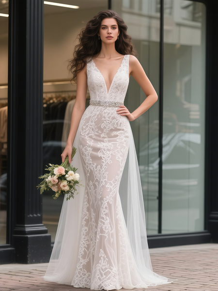 Shop 2025 ANNAKOO V Neck Beading Belt Trumpet Mermaid Lace Wedding Dress Under 239