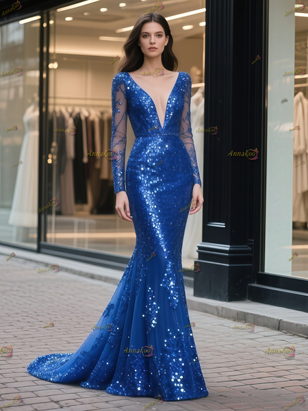 Shop 2025 ANNAKOO Royal Blue Long Sleeve Sequin Beading Trumpet Mermaid Prom Dress Under 289