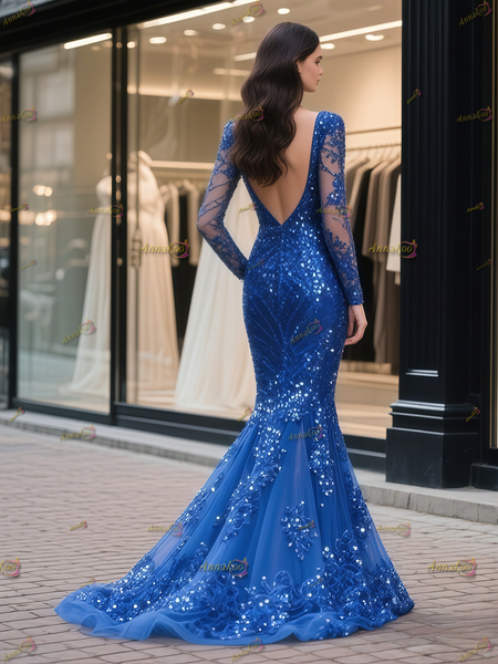 Shop 2025 ANNAKOO Royal Blue Long Sleeve Sequin Beading Trumpet Mermaid Prom Dress Under 289