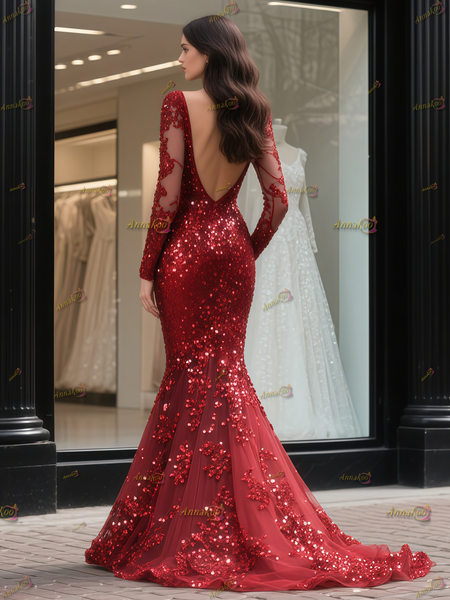 Shop 2025 ANANKOO Red Long Sleeve V Neck Sequin Trumpet Mermaid Prom Dress Under 189