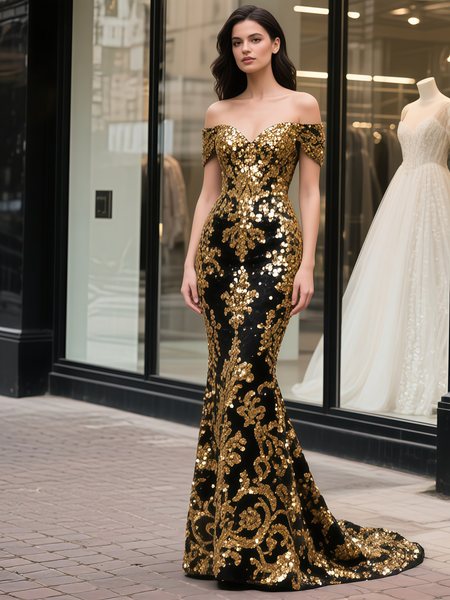 Shop 2025 ANNAKOO Off The Shoulder Trumpet Mermaid Gold & Black Prom Dress Under 229