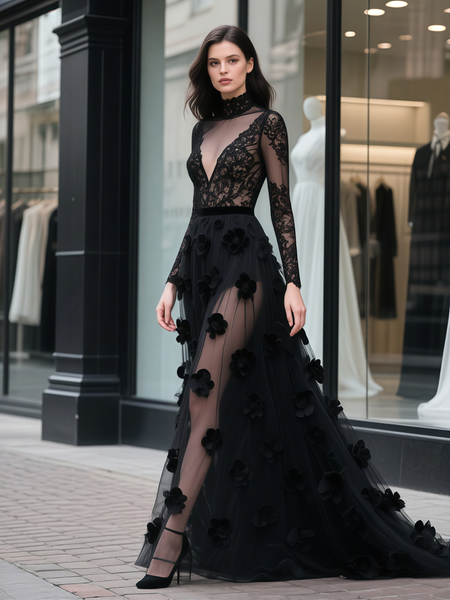 Shop 2025 ANNAKOO Black High Neck Lace Flower Tulle Prom Dress With Slit Under 288