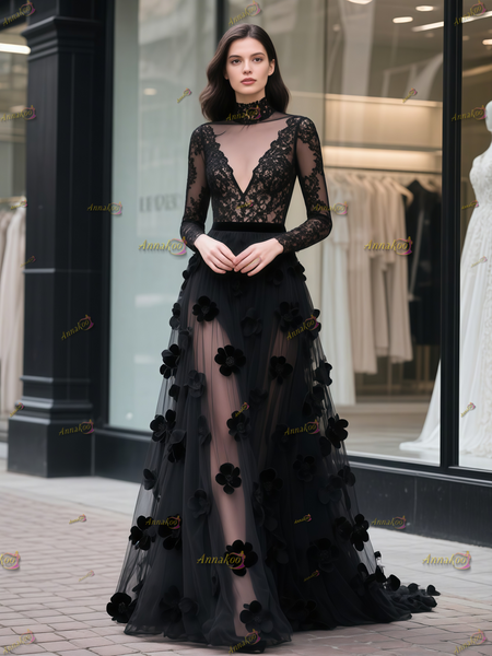 Shop 2025 ANNAKOO Black High Neck Lace Flower Tulle Prom Dress With Slit Under 288