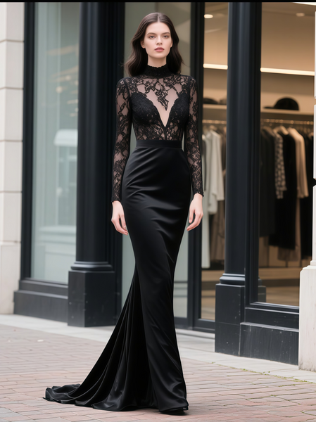 Shop 2025 ANNAKOO Black High Neck Trumpet Mermaid Satin Lace Long Sleeve Prom Dress Under 198