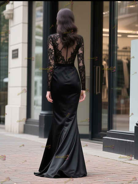 Shop 2025 ANNAKOO Black High Neck Trumpet Mermaid Satin Lace Long Sleeve Prom Dress Under 198