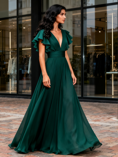 Shop 2025 ANNAKOO Chiffon Ruffles Sleeves V Neck Green A Line Bridesmaid Dress Under 129