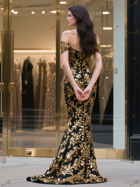 Shop 2025 ANNAKOO Black Gold Trumpet Mermaid Sequin Off The Shoulder Prom Dress Under 239