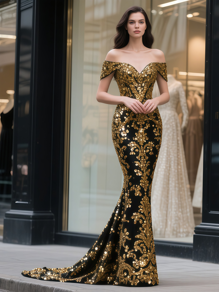Shop 2025 ANNAKOO Black Gold Trumpet Mermaid Sequin Off The Shoulder Prom Dress Under 239