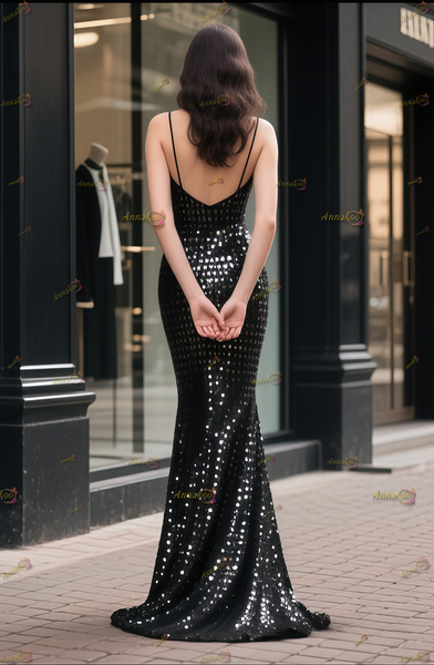 Shop 2025 ANNAKOO Black V Neck Sequin Trumpet Mermaid Prom Dress With Slit Under 189