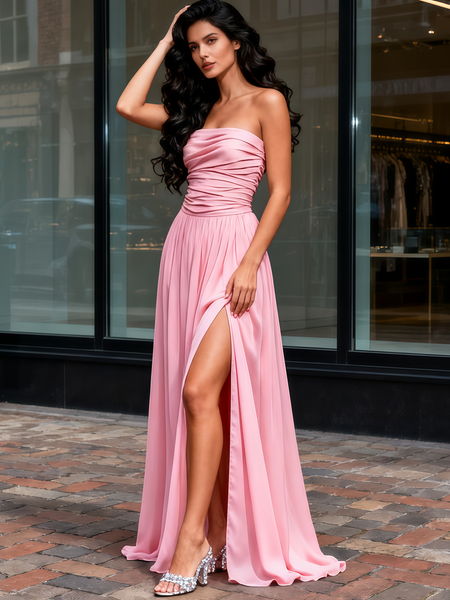 Shop 2025 ANNAKOO Pink Ruched Strapless A Line Bridesmaid Dress With Slit Under 99
