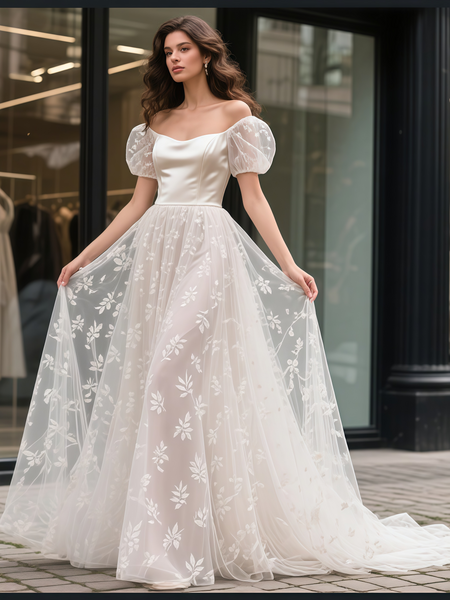 Shop 2025 ANANKOO Puffy Sleeve Satin Lace A Line Square Wedding Dress Under 189