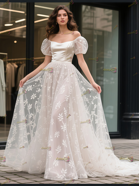 Shop 2025 ANANKOO Puffy Sleeve Satin Lace A Line Square Wedding Dress Under 189