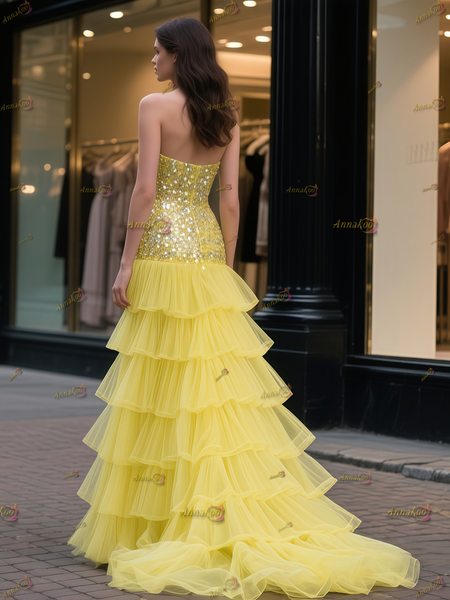 Shop 2025 ANNAKOO Yellow Sequin A Line Layers Tulle Prom Dress Under 239