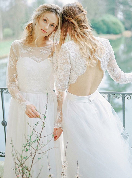 Lace Long Sleeves A-Line  Open Back Tulle wedding Dress