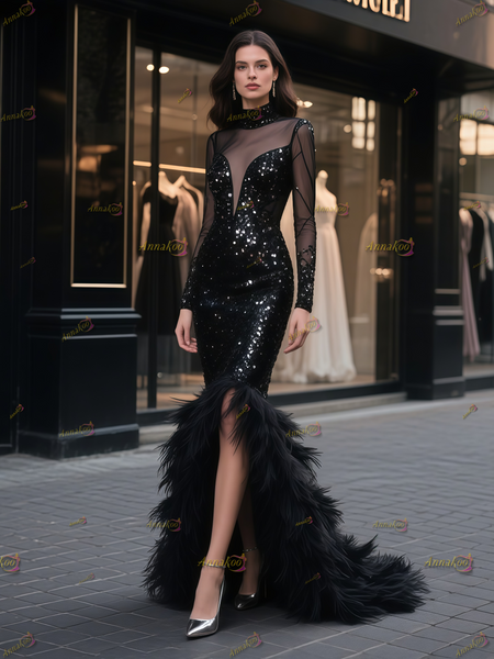 Shop 2025 ANNAKOO High Neck Trumpet Mermaid Sequin Feather Prom Dress Under 399