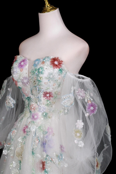 Shop 2025 ANNAKOO White Tulle Sequins Long Floral A Line Prom Dress Under 189