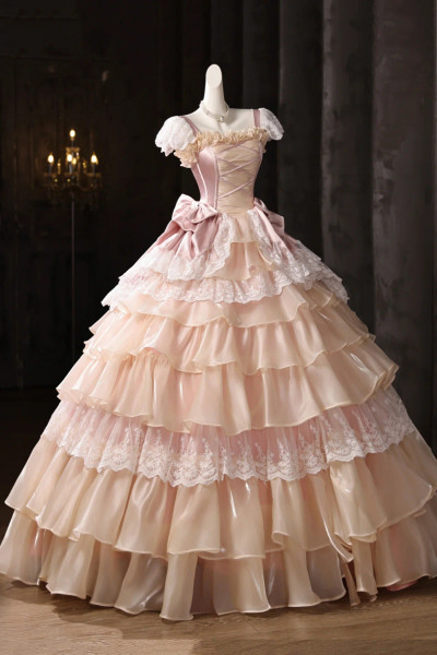 Shop 2025 ANNAKOO Vintage Pink Ball Gown Ruffles Lace Flower Prom Dress Under 198