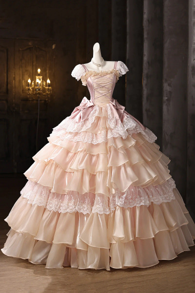 Shop 2025 ANNAKOO Vintage Pink Ball Gown Ruffles Lace Flower Prom Dress Under 198