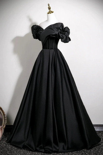 Shop 2025 ANNAKOO Black Off the Shoulder A-Line Satin Ruffles Prom Dress Under 189