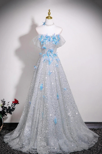Shop 2025 ANNAKOO Silver Sequins & Blue Butterfly A Line Prom Dress Under  197