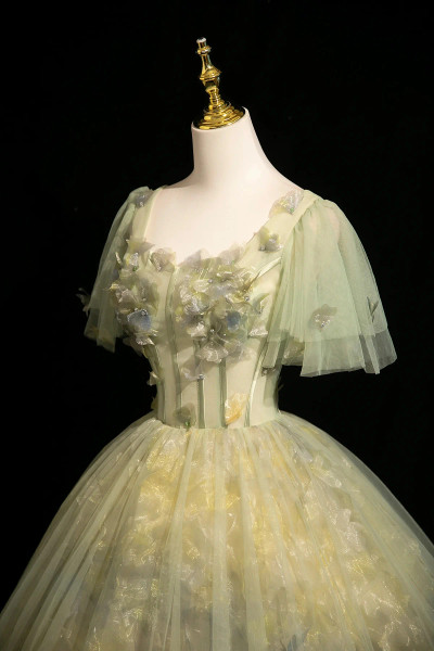 Shop 2025 ANNAKOO Green Ball Gown Square Puffy Sleeve Tulle Prom Dress Under 189