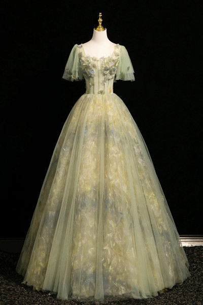 Shop 2025 ANNAKOO Green Ball Gown Square Puffy Sleeve Tulle Prom Dress Under 189