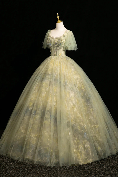 Shop 2025 ANNAKOO Green Ball Gown Square Puffy Sleeve Tulle Prom Dress Under 189