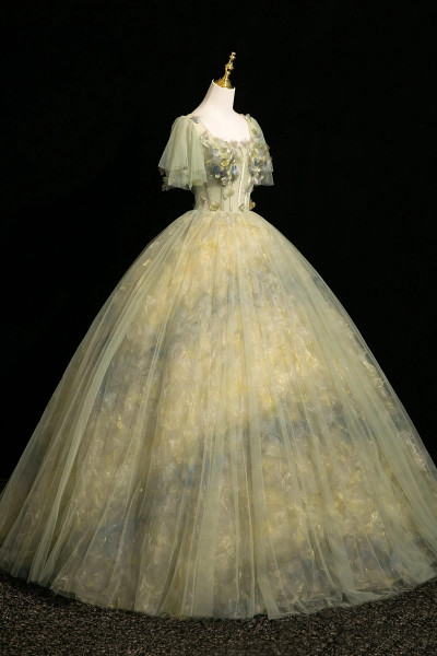 Shop 2025 ANNAKOO Green Ball Gown Square Puffy Sleeve Tulle Prom Dress Under 189