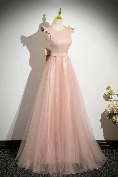 Shop 2025 ANNAKOO Pink Satin Tulle Scoop A Line Bow Prom Dress Under 139