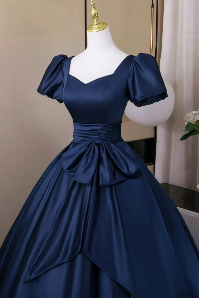 Shop 2025 ANNAKOO Navy Satin Short Sleeve A Line Bow Prom Dress Under 168