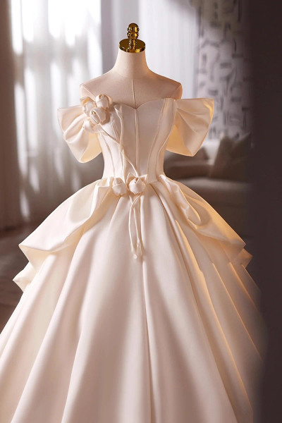 Shop 2025 ANNAKOO White Off The Shoulder Satin Flower A Line Wedding Dress Under 189
