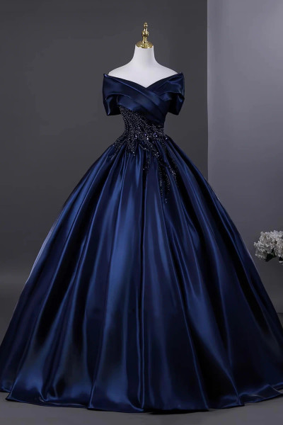 Shop 2025 Annakoo Navy Satin Beading A Line Off The Shoulder Prom Dress Under 189