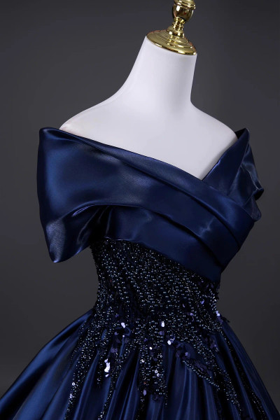 Shop 2025 Annakoo Navy Satin Beading A Line Off The Shoulder Prom Dress Under 189