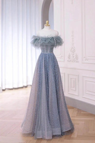 Shop 2025 ANNAKOO Blue Tulle Off The Shoulder A Line Sparkle Prom Dress Under 178