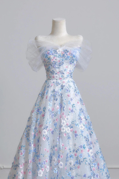 Shop 2025 ANNAKOO Blue Floral Tulle A Line Off The Shoulder Prom Dress Under 188