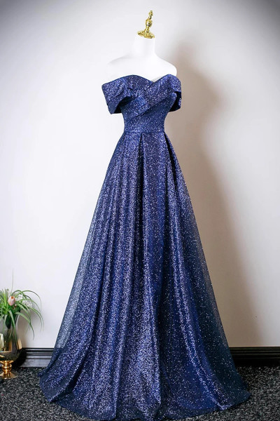 Shop 2025 ANNAKOO Navy Blue Sequin A Line Off The Shoulder Prom Dress Under 138