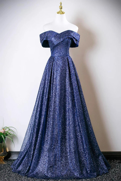 Shop 2025 ANNAKOO Navy Blue Sequin A Line Off The Shoulder Prom Dress Under 138