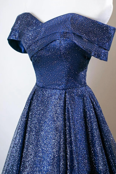 Shop 2025 ANNAKOO Navy Blue Sequin A Line Off The Shoulder Prom Dress Under 138
