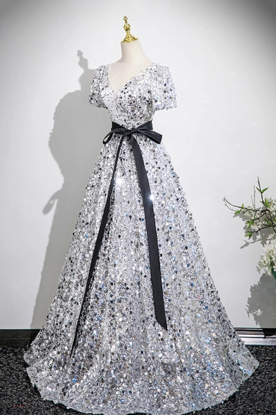 Shop 2025 ANNAKOO Silver Sequin A Line V Neck Belt Prom Dress Under 149